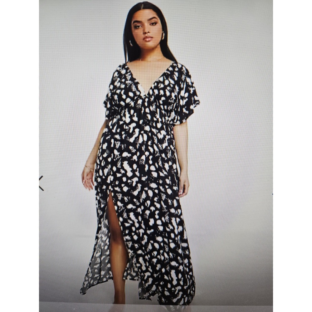 ASOS Curve Flutter Sleeve Maxi Beach Dress Plunging Neckline Mono Spot Print, 24